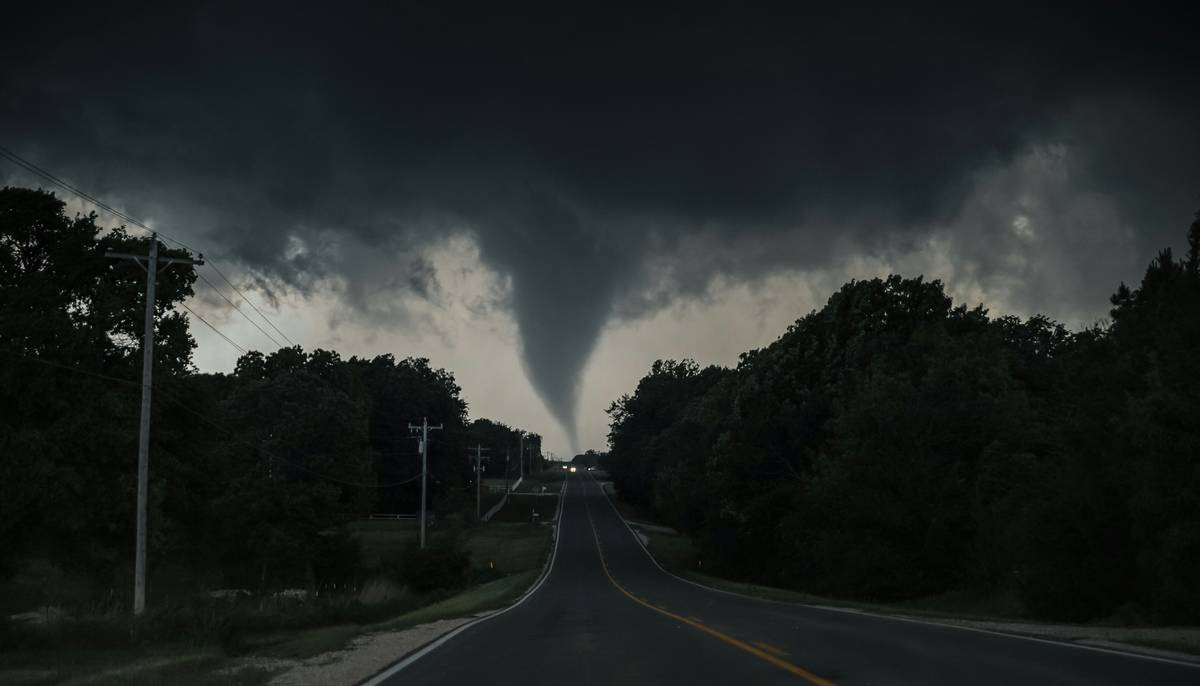 A dog being led by its owner into an underground storm shelter during a tornado warning.