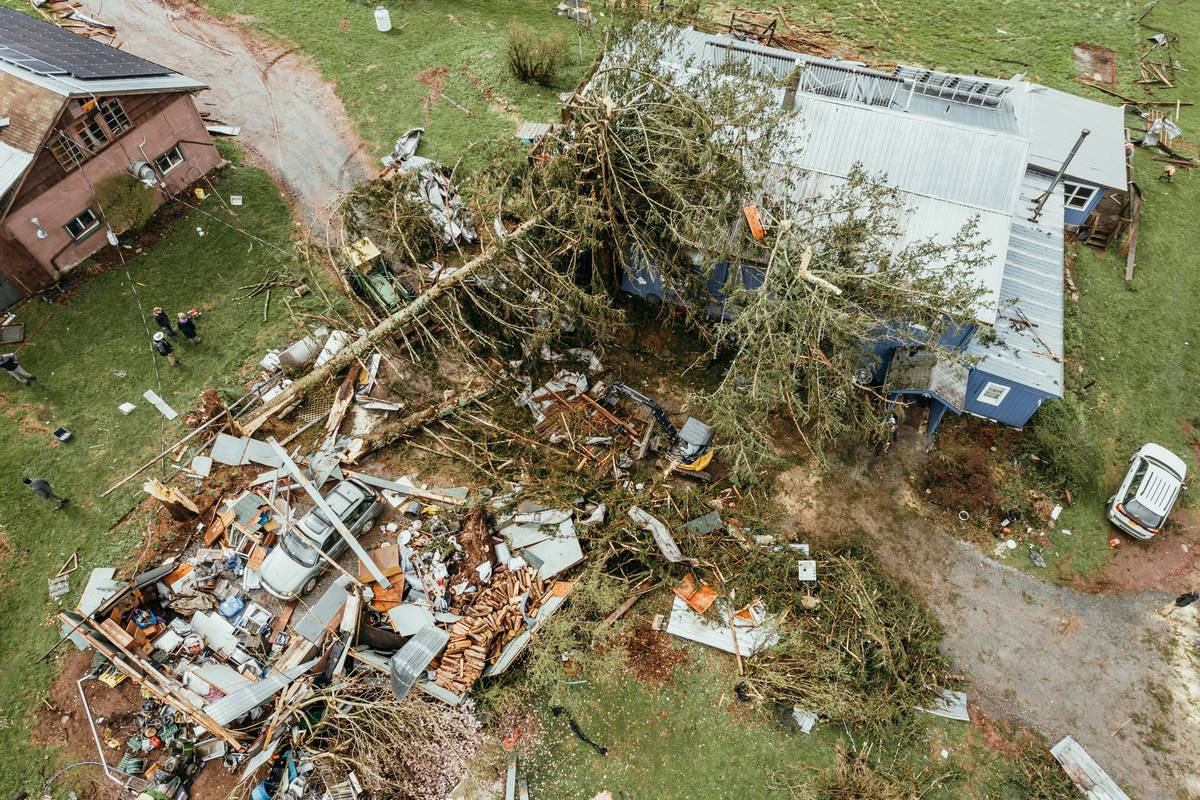 Aerial view showing tornado destruction path